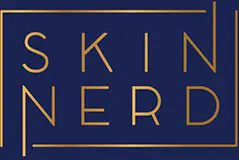 A dark blue background with "SKIN NERD" written in gold geometric letters.